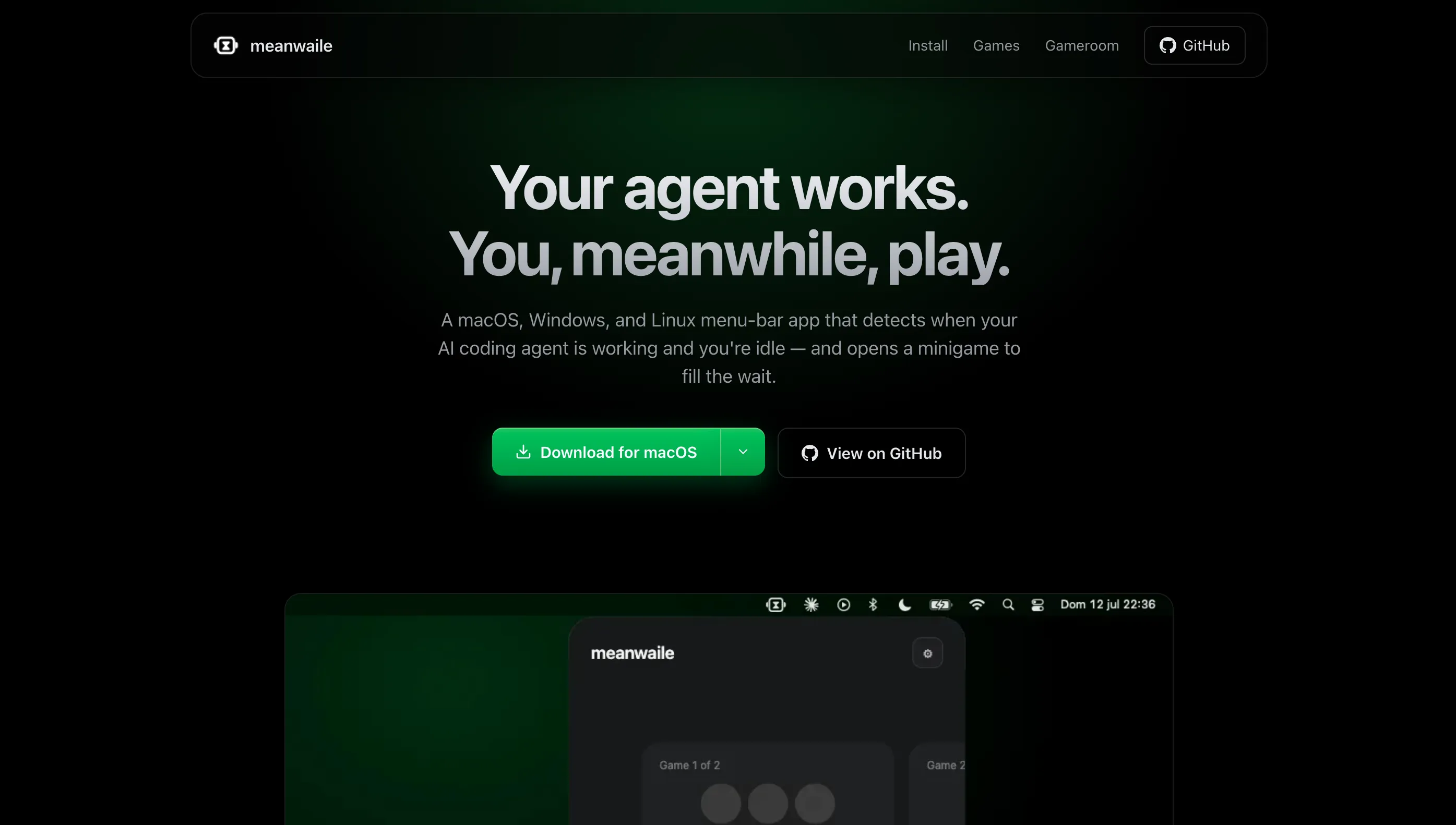 The Meanwaile landing page, with the headline "Your agent works. You, meanwhile, play." over a dark green background